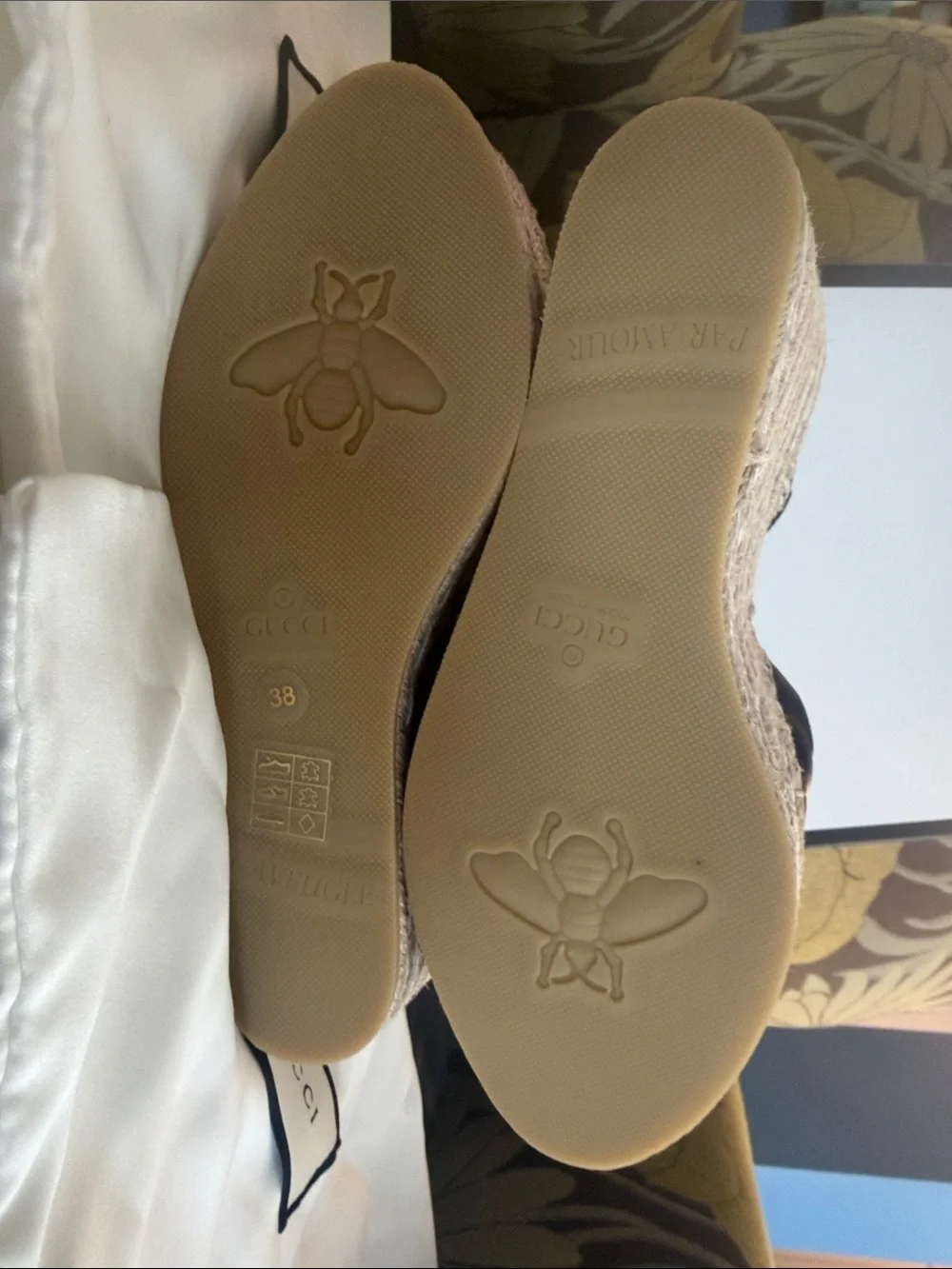 Gucci Black Leather Espadrille Wedges with Gold Double G
